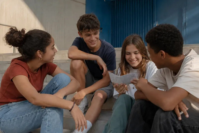 Cuatro jóvenes ficticios comparten una publicación de papel