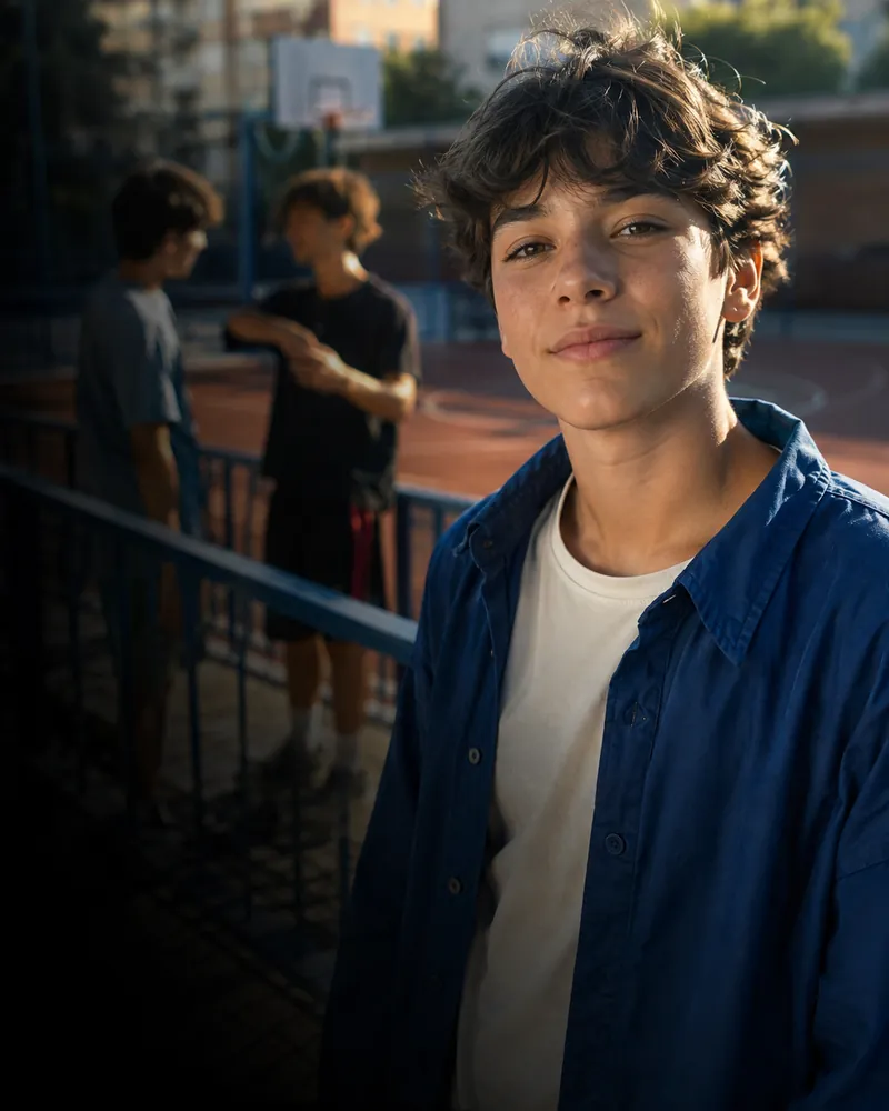 Retrato de un joven ficticio con sus amigos al fondo, generado con IA